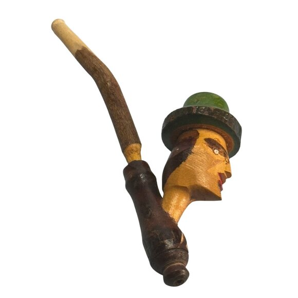 Hand-Carved Italian Character Pipe Wood Green Yellow Mid Century Decorative - Picture 1 of 5